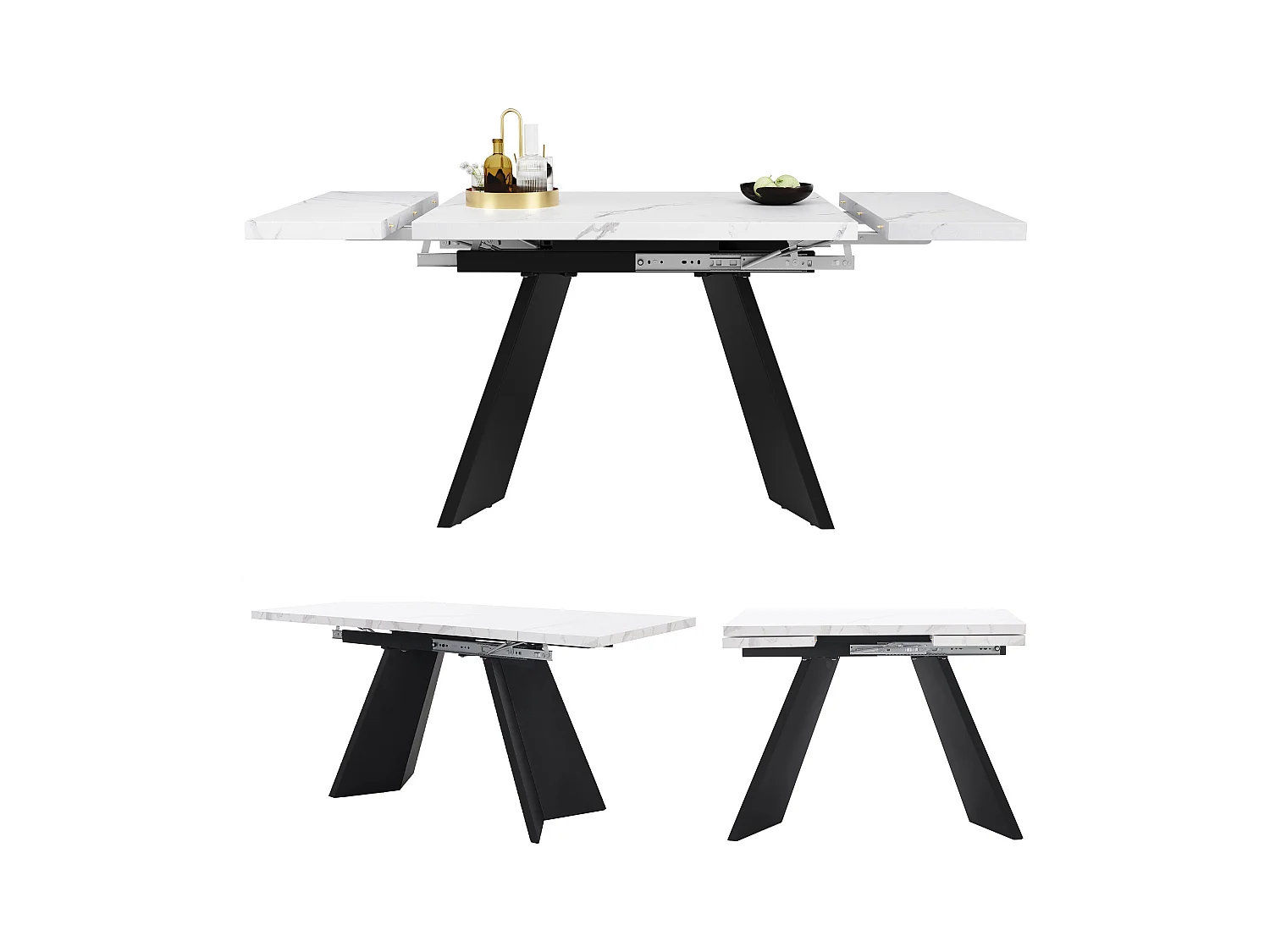 Table à manger extensible (99-159x74cm), table de cuisine avec fonction téléscopique, MDF, pieds en métal, blanc/noir (99-159x74x77 cm)