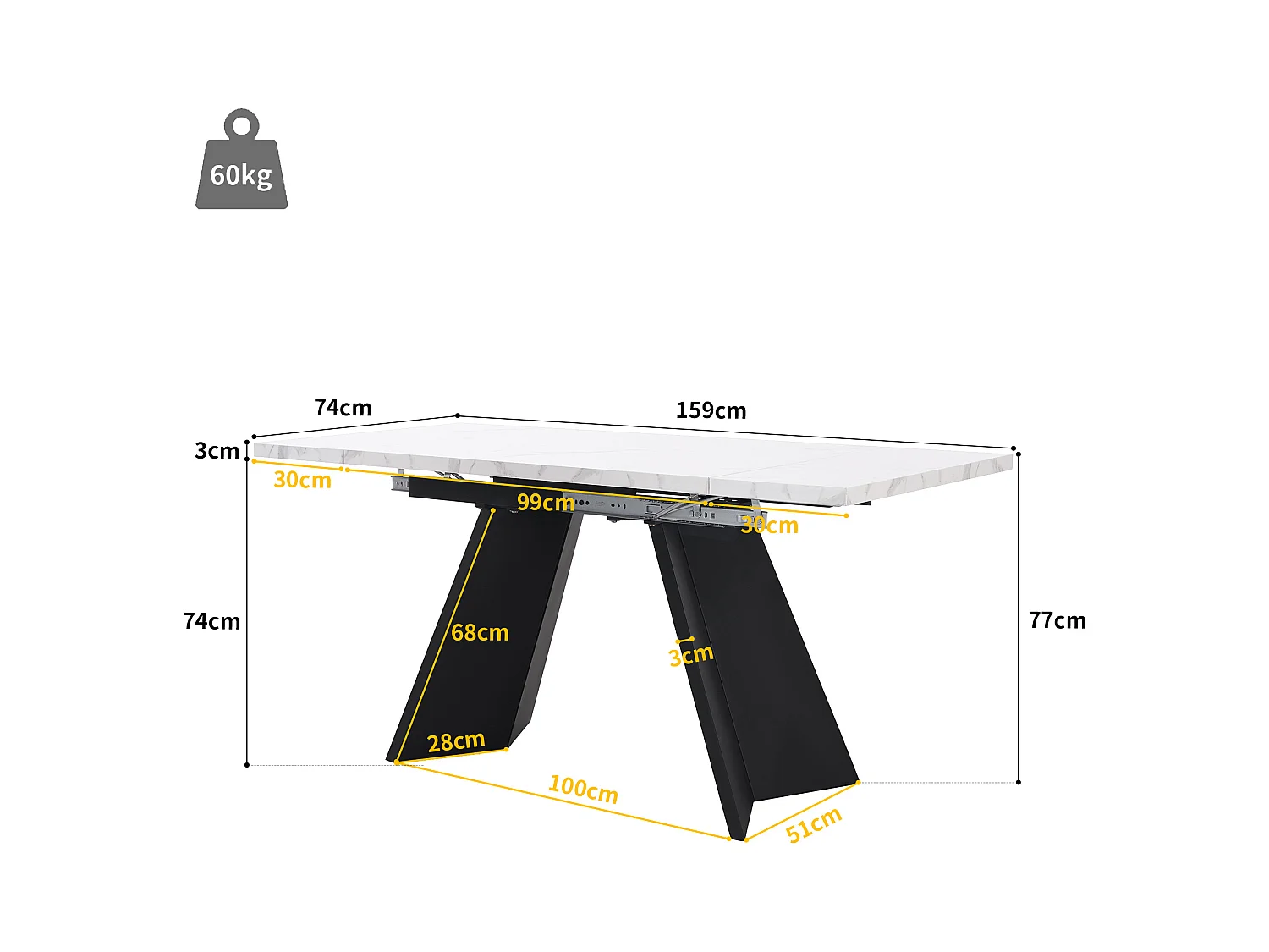 Table à manger extensible (99-159x74cm), table de cuisine avec fonction téléscopique, MDF, pieds en métal, blanc/noir (99-159x74x77 cm)