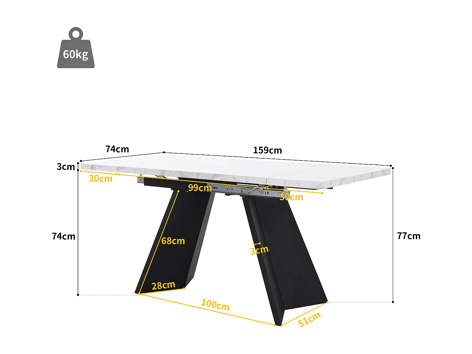 Table à manger extensible (99-159x74cm), table de cuisine avec fonction téléscopique, MDF, pieds en métal, blanc/noir (99-159x74x77 cm)