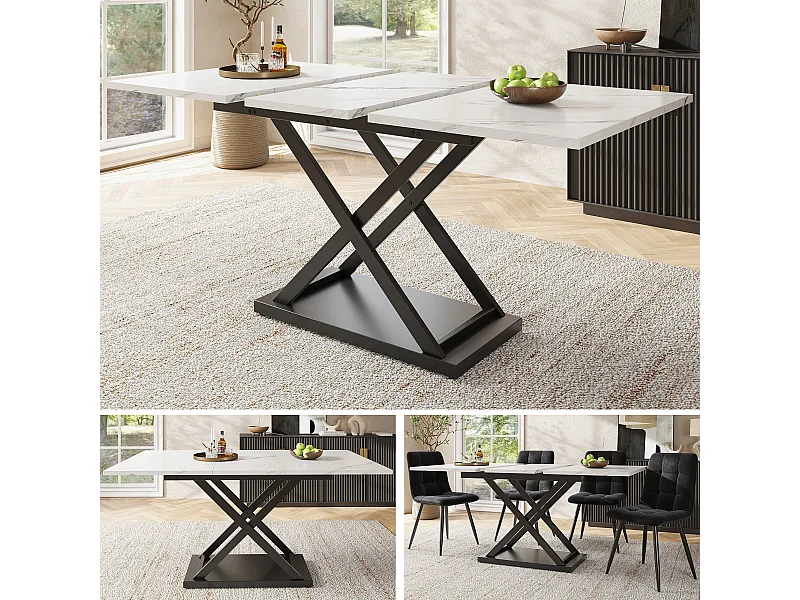 Table extensible 120-160x80x75 cm, Table télescopique table, rangement, pieds croisés métal noir, pour cuisine et salon (120-160x80x75 cm)