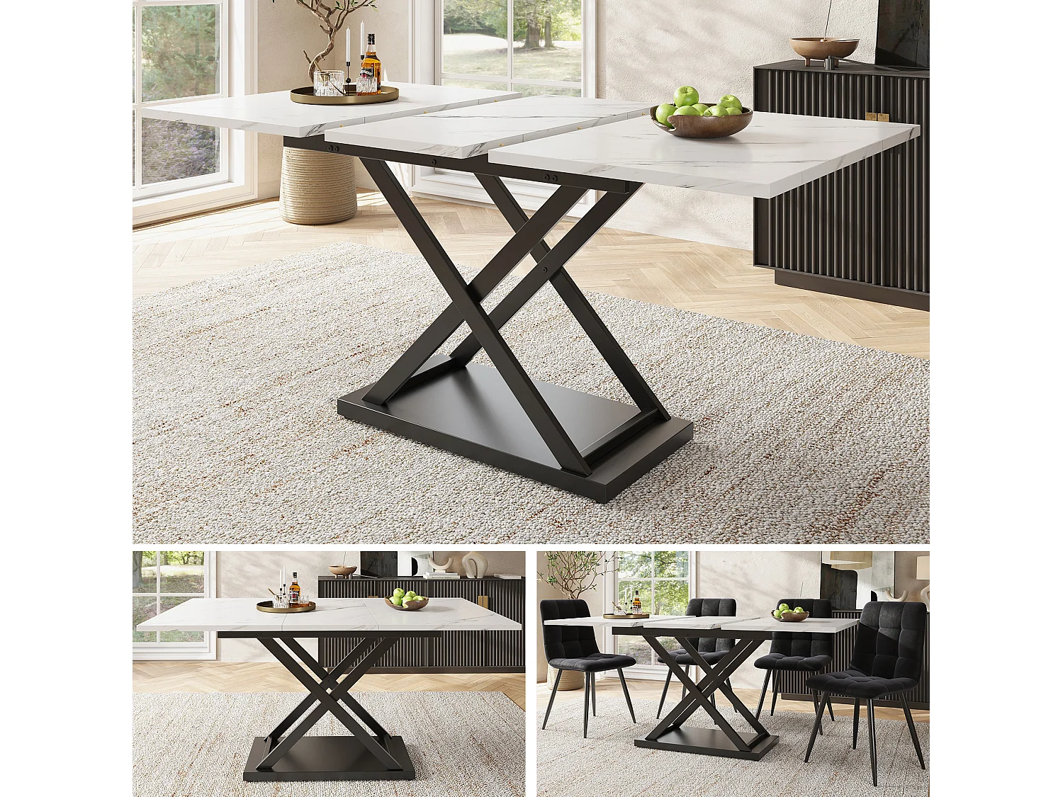 Table extensible 120-160x80x75 cm, Table télescopique table, rangement, pieds croisés métal noir, pour cuisine et salon (120-160x80x75 cm)