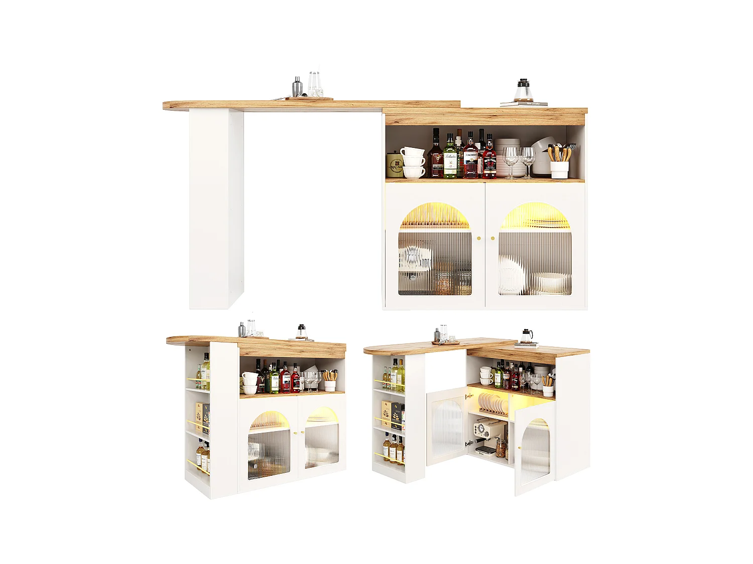 Table Bar Extensible Moderne avec Rangement et Lumière LED (138-193x39x105 cm), Table de Cuisine Pivotante, Blanc et Or