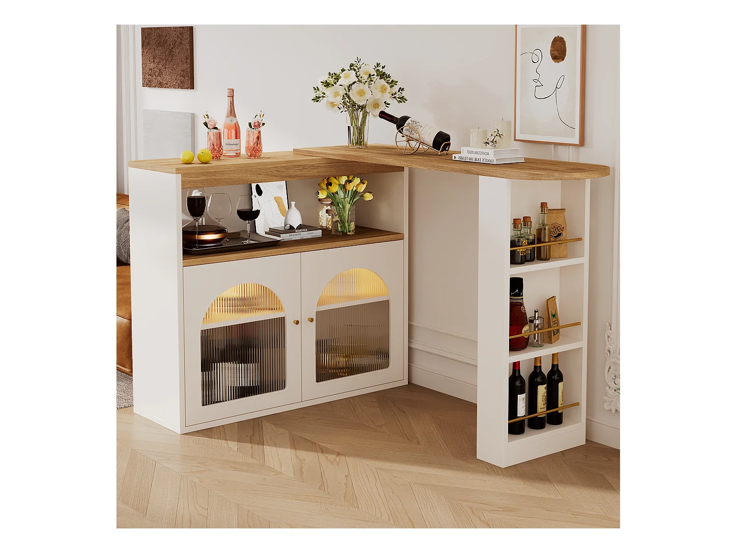 Table Bar Extensible Moderne avec Rangement et Lumière LED (138-193x39x105 cm), Table de Cuisine Pivotante, Blanc et Or