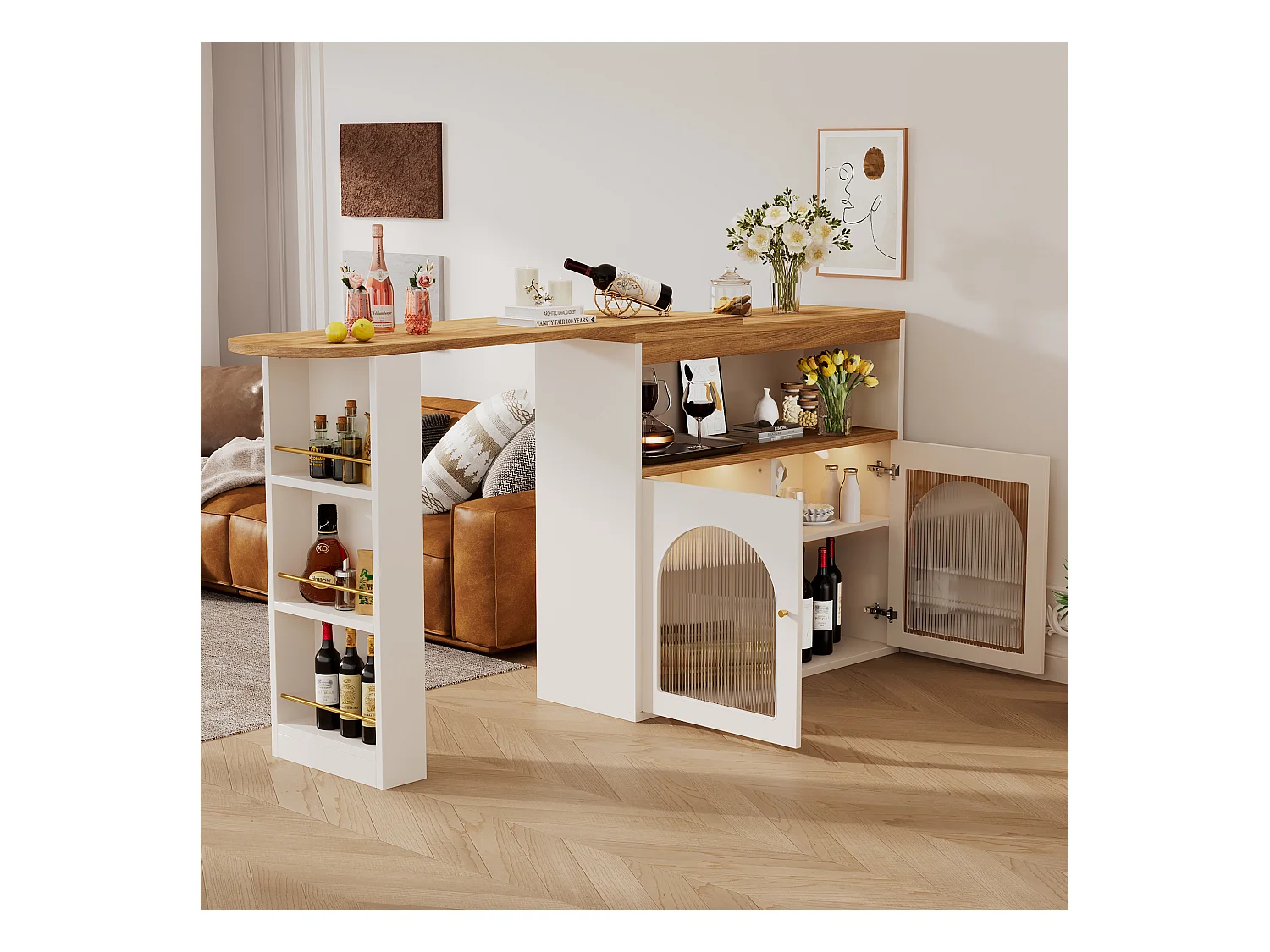 Table Bar Extensible Moderne avec Rangement et Lumière LED (138-193x39x105 cm), Table de Cuisine Pivotante, Blanc et Or