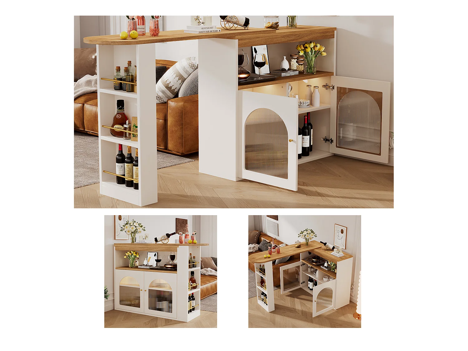 Mesa de bar extensible moderna con espacio de almacenamiento y luz LED (138-193 x 39 x 105 cm), mesa de cocina giratoria, color blanco y dorado