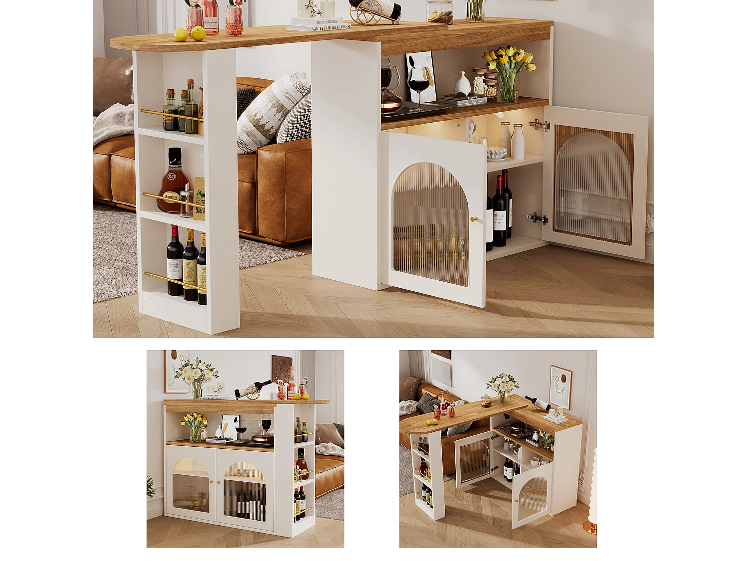 Table Bar Extensible Moderne avec Rangement et Lumière LED (138-193x39x105 cm), Table de Cuisine Pivotante, Blanc et Or