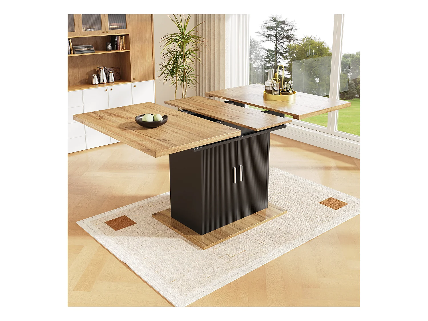 Uitschuifbare eettafel (110-140x70 cm), met opbergruimte, praktische keukentafel, gemaakt van MDF en metaal, zwart en natuurlijk hout