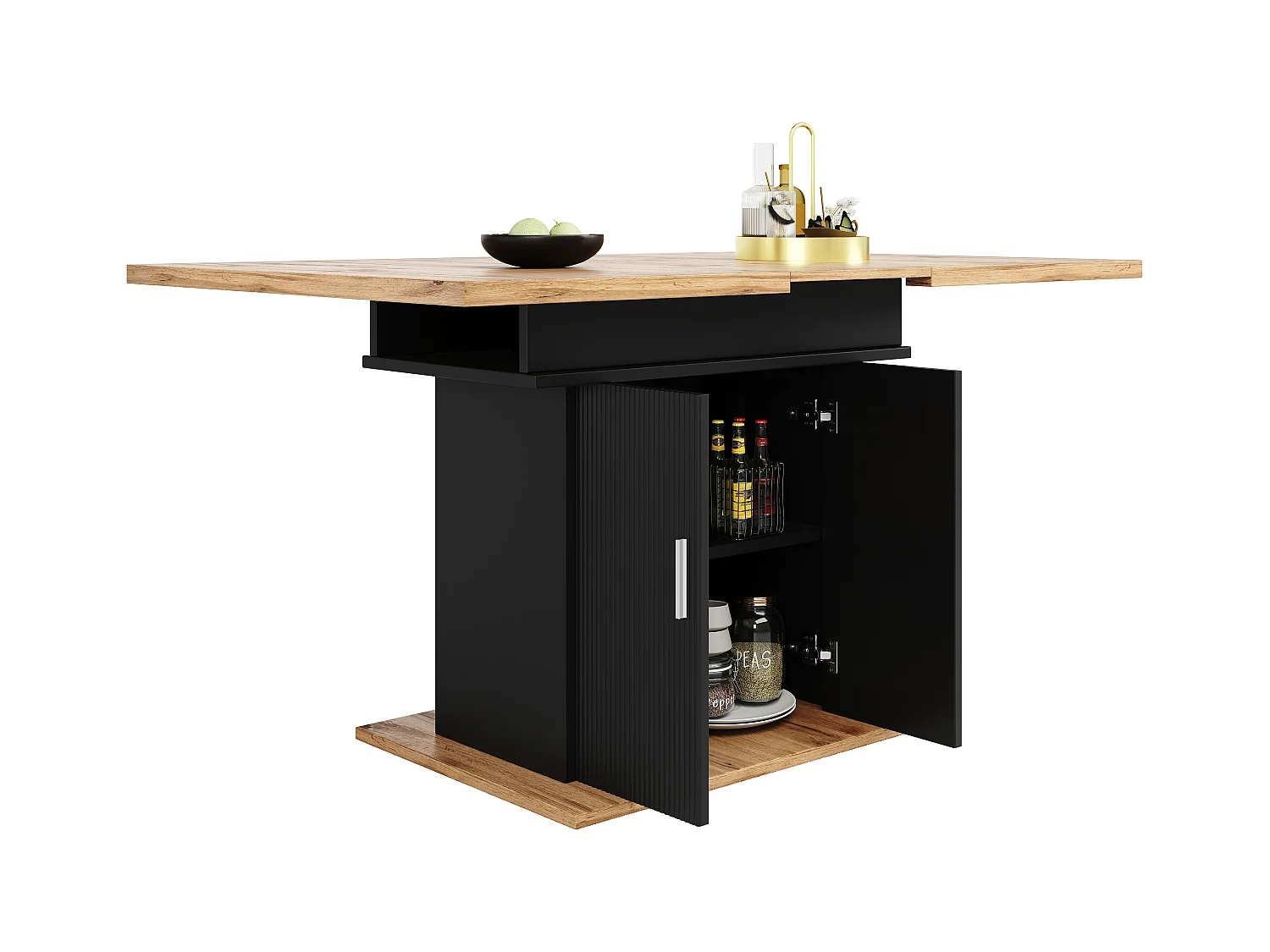 Uitschuifbare eettafel (110-140x70 cm), met opbergruimte, praktische keukentafel, gemaakt van MDF en metaal, zwart en natuurlijk hout