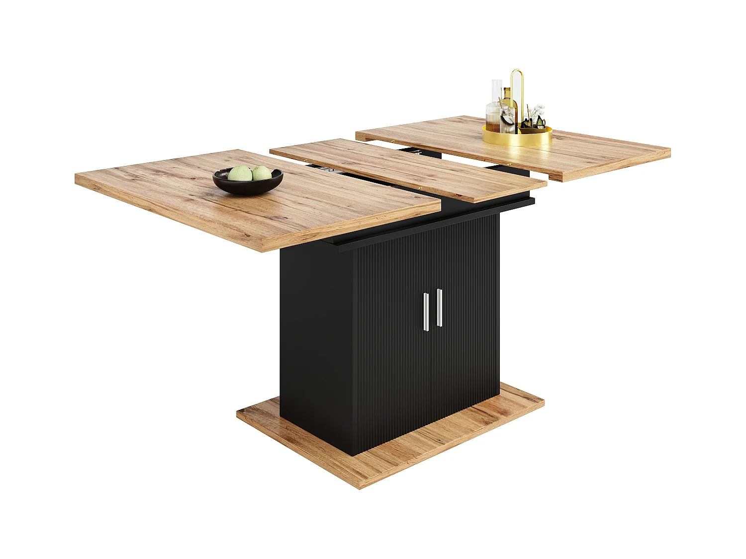 Uitschuifbare eettafel (110-140x70 cm), met opbergruimte, praktische keukentafel, gemaakt van MDF en metaal, zwart en natuurlijk hout