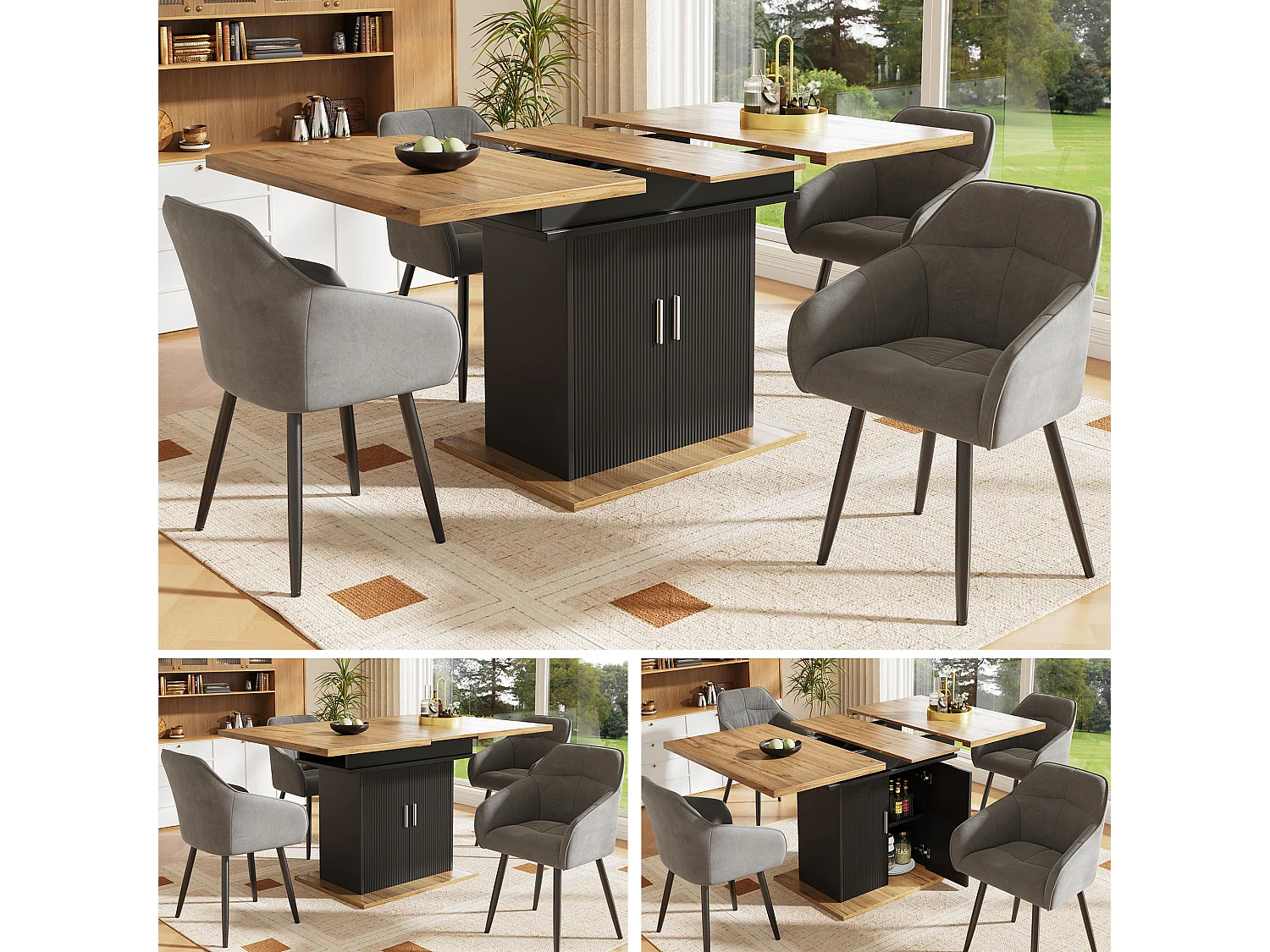 Mesa de comedor extensible (110-140x70 cm), con espacio de almacenaje, práctica mesa de cocina, fabricada en MDF y metal, color negro y madera natural.