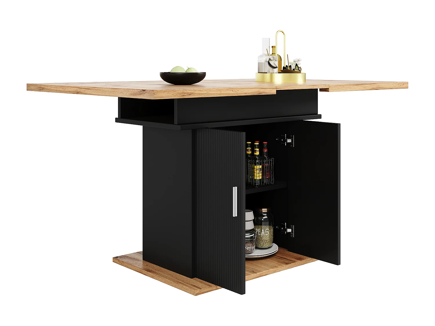 Mesa de comedor extensible (110-140x70 cm), con espacio de almacenaje, práctica mesa de cocina, fabricada en MDF y metal, color negro y madera natural.