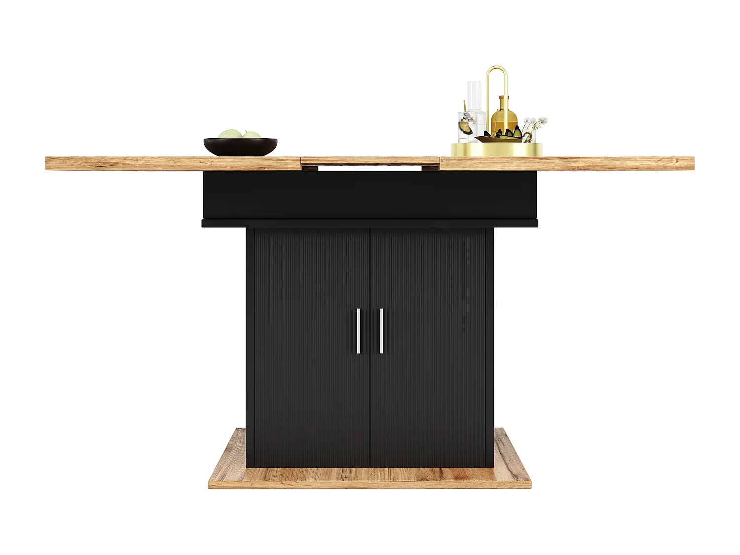 Mesa de comedor extensible (110-140x70 cm), con espacio de almacenaje, práctica mesa de cocina, fabricada en MDF y metal, color negro y madera natural.