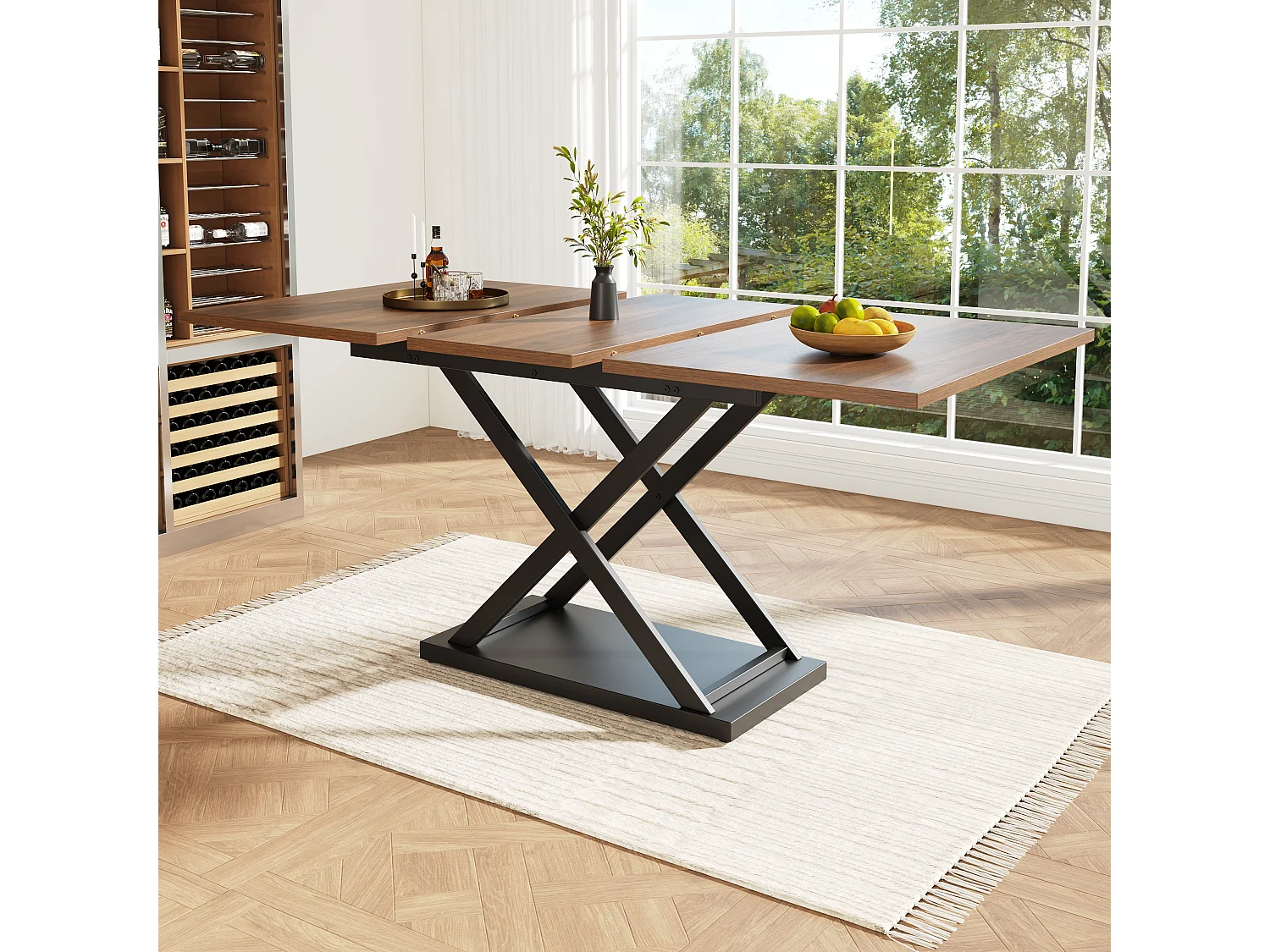 Uitschuifbare eettafel (120-160x80 cm), telescopisch, met zwarte gekruiste poten, voor keuken en woonkamer, MDF, afwerking van walnoothout, modern design