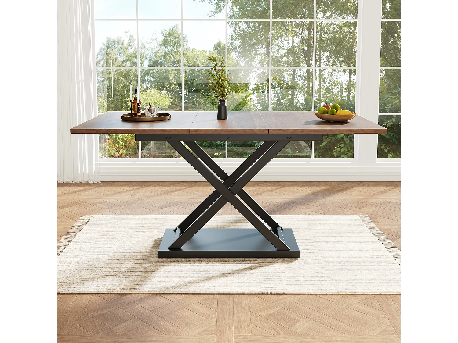 Uitschuifbare eettafel (120-160x80 cm), telescopisch, met zwarte gekruiste poten, voor keuken en woonkamer, MDF, afwerking van walnoothout, modern design