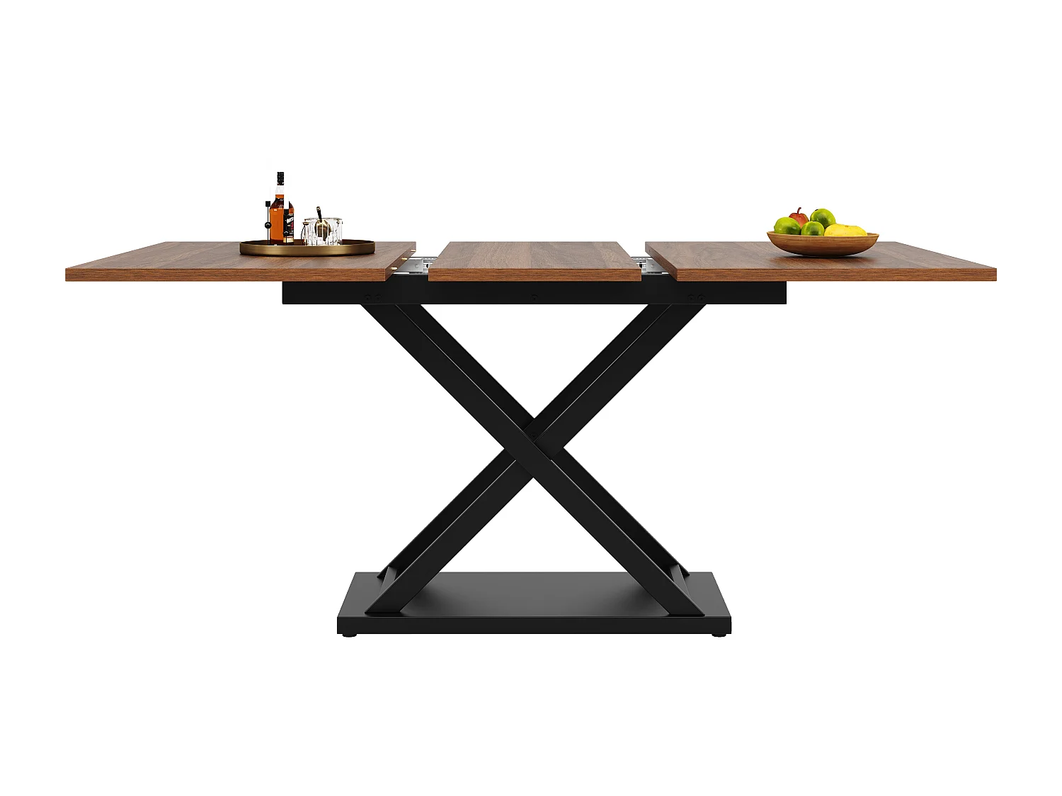 Uitschuifbare eettafel (120-160x80 cm), telescopisch, met zwarte gekruiste poten, voor keuken en woonkamer, MDF, afwerking van walnoothout, modern design