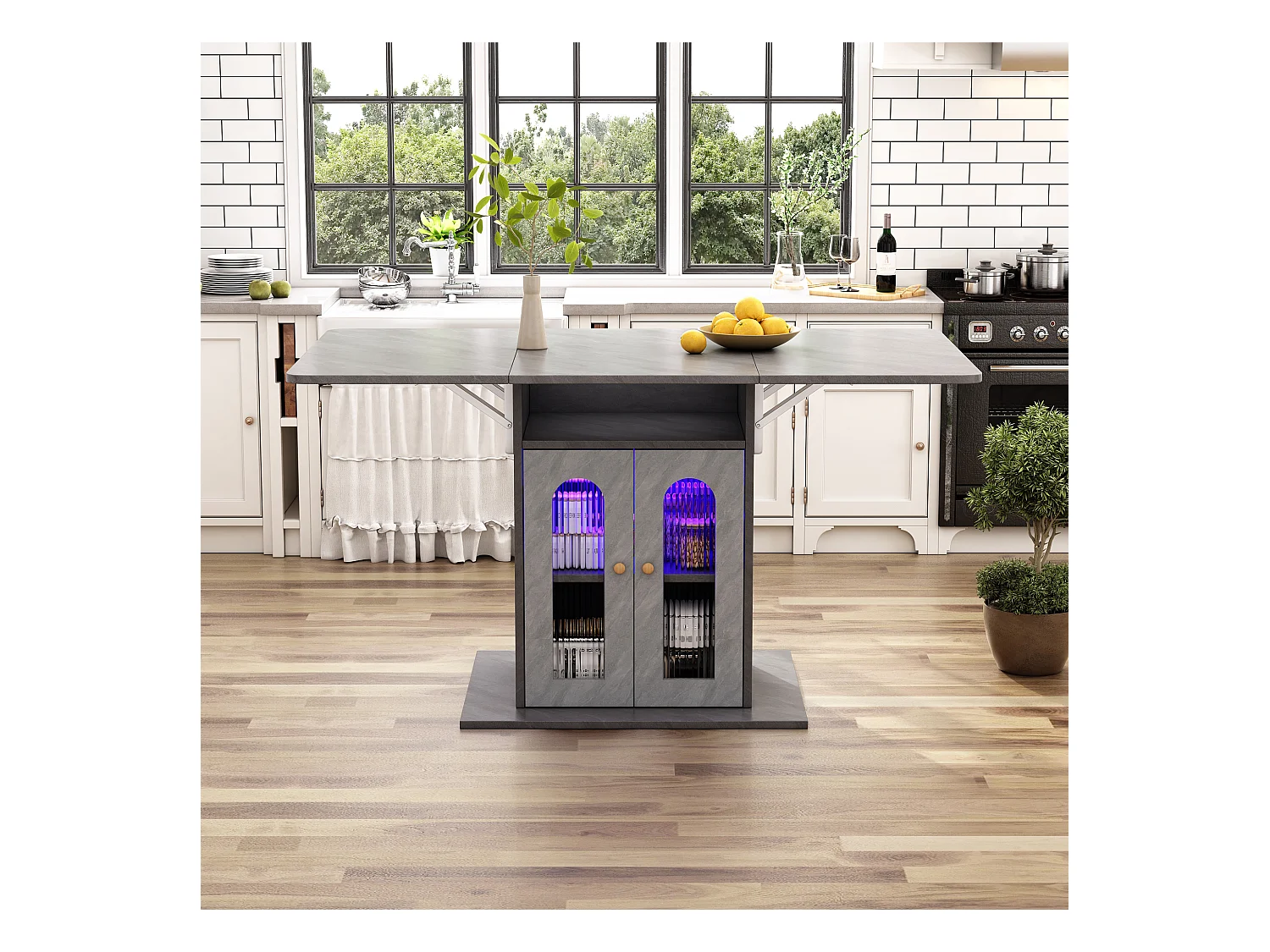 Mesa de comedor plegable moderna, iluminación LED, función de cambio de color, espacio de almacenamiento, tablero extensible de 140 x 78 cm