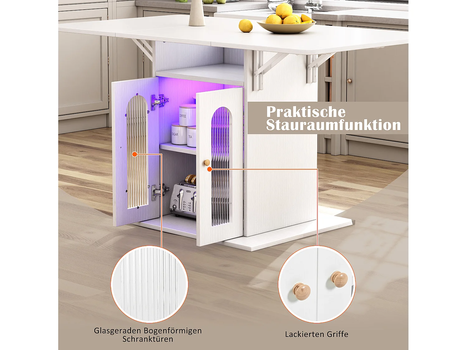 Table à Manger Pliable Moderne avec LED, Fonction de Changement de Couleur, Espace de Rangement Intégré, Plateau Extensible 140×78 cm (140×78 cm)