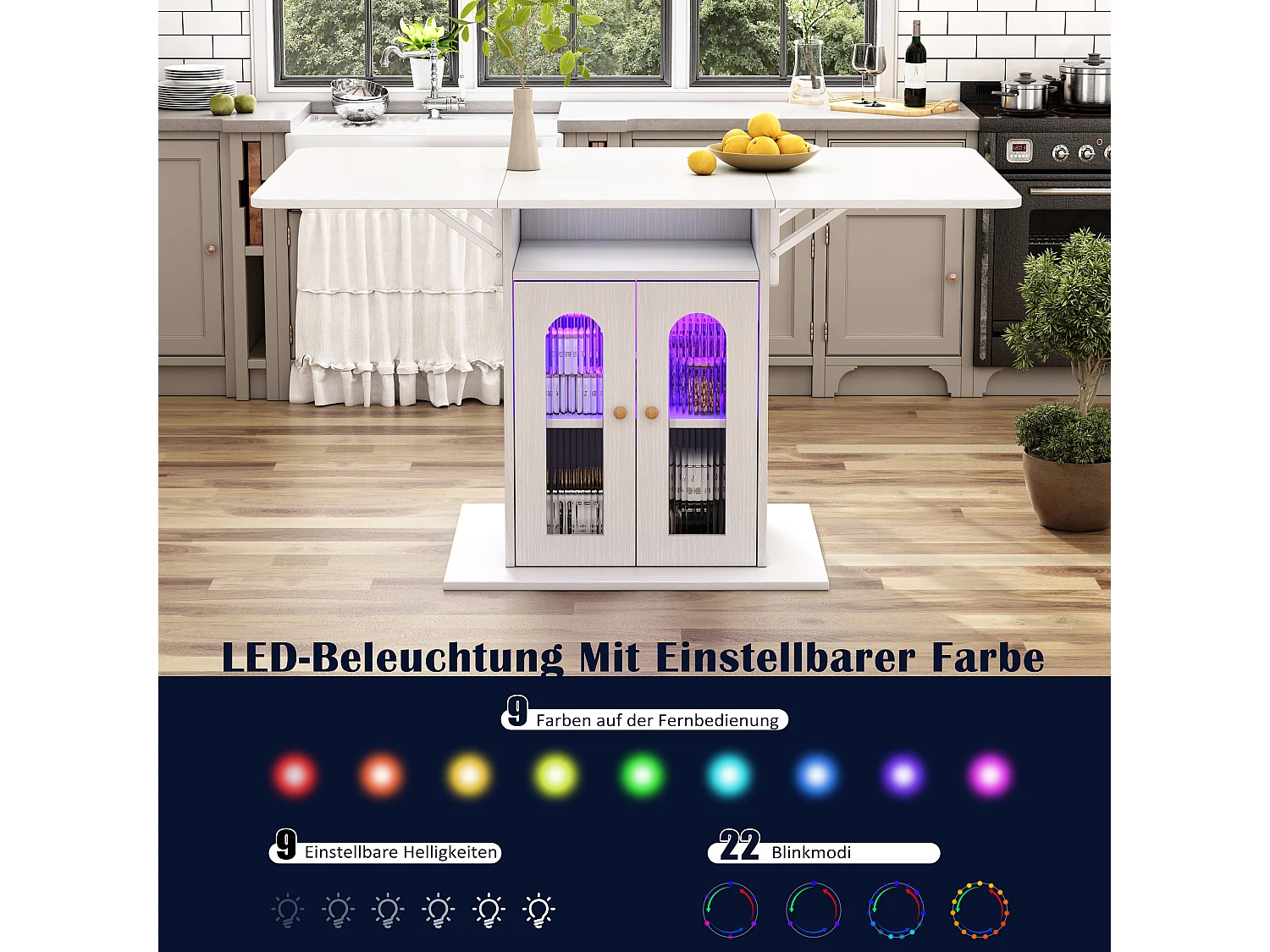 Table à Manger Pliable Moderne avec LED, Fonction de Changement de Couleur, Espace de Rangement Intégré, Plateau Extensible 140×78 cm (140×78 cm)