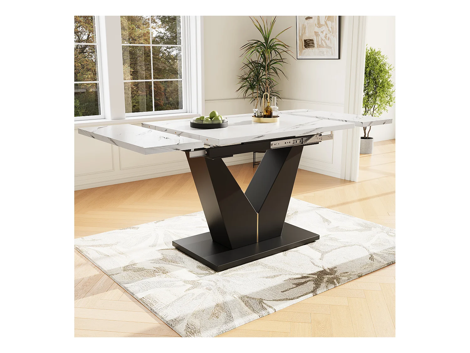Table extensible (99-159×75 cm), table de cuisine modulable, avec surface en MDF blanc et pieds métalliques noirs, pour salle à manger et bureau