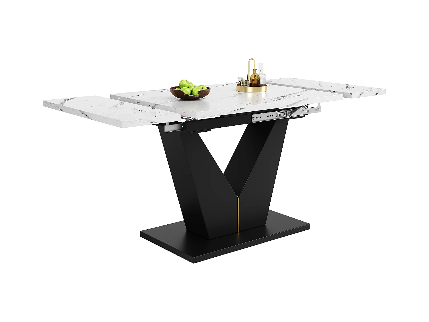 Table extensible (99-159×75 cm), table de cuisine modulable, avec surface en MDF blanc et pieds métalliques noirs, pour salle à manger et bureau