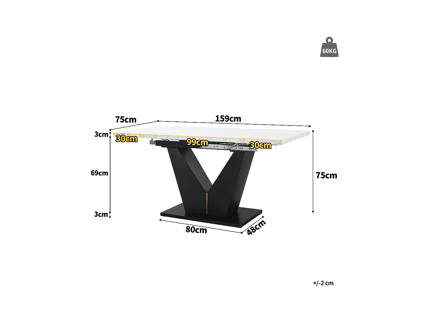 Table extensible (99-159×75 cm), table de cuisine modulable, avec surface en MDF blanc et pieds métalliques noirs, pour salle à manger et bureau