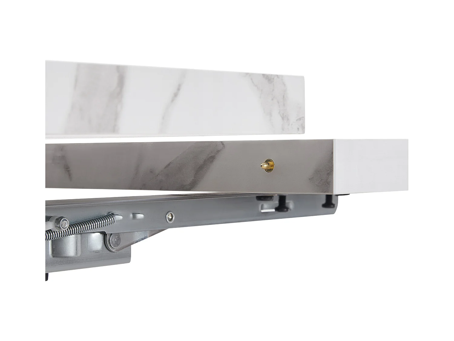 Table extensible (99-159×75 cm), table de cuisine modulable, avec surface en MDF blanc et pieds métalliques noirs, pour salle à manger et bureau