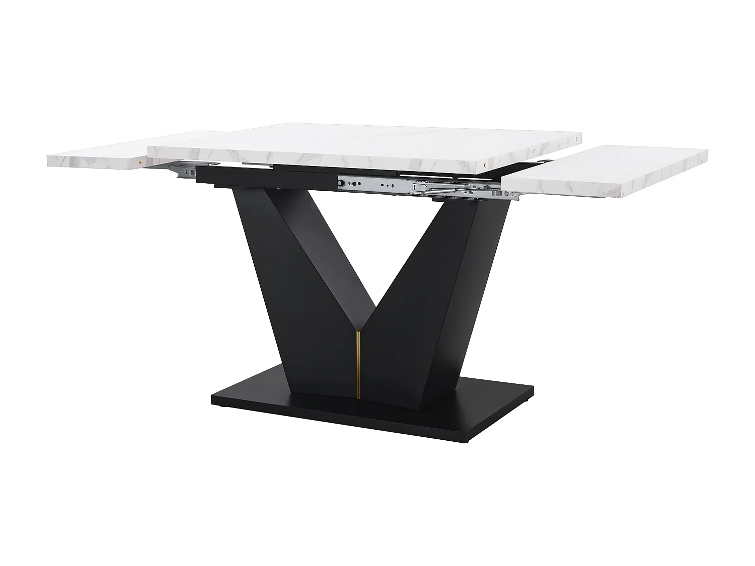 Table extensible (99-159×75 cm), table de cuisine modulable, avec surface en MDF blanc et pieds métalliques noirs, pour salle à manger et bureau