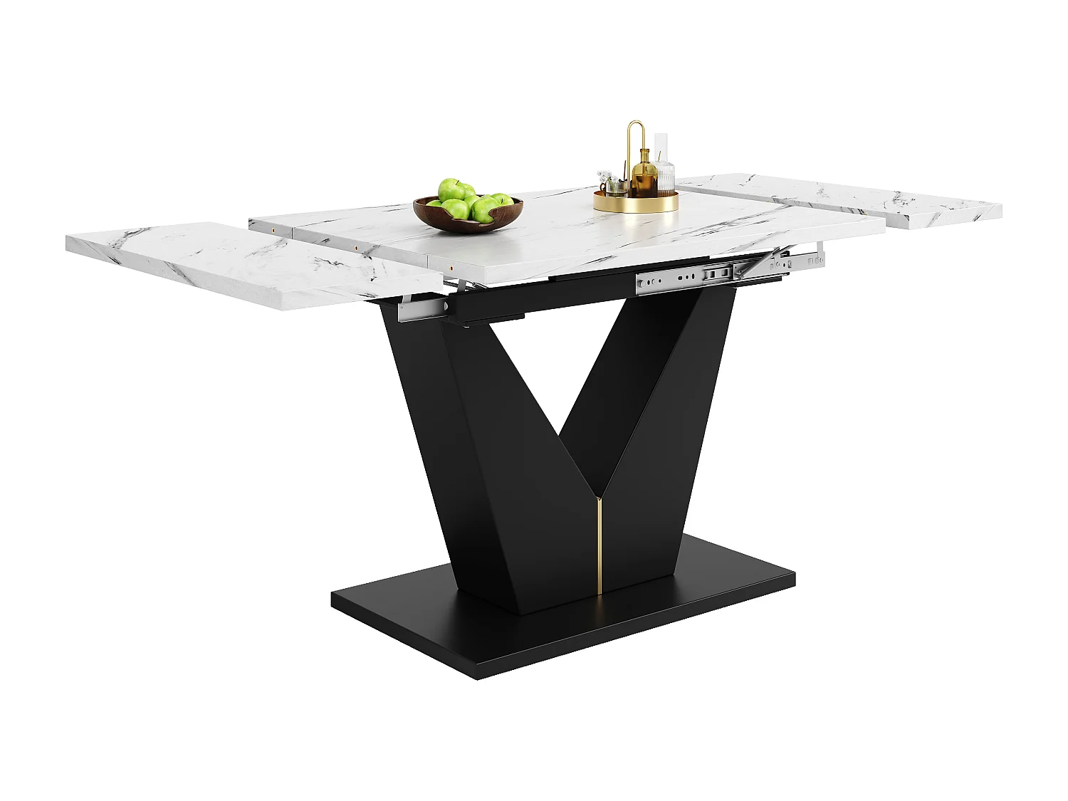 Uitschuifbare tafel (99-159×75 cm), modulaire keukentafel, met wit MDF-blad en zwarte metalen poten, voor eetkamer en kantoor