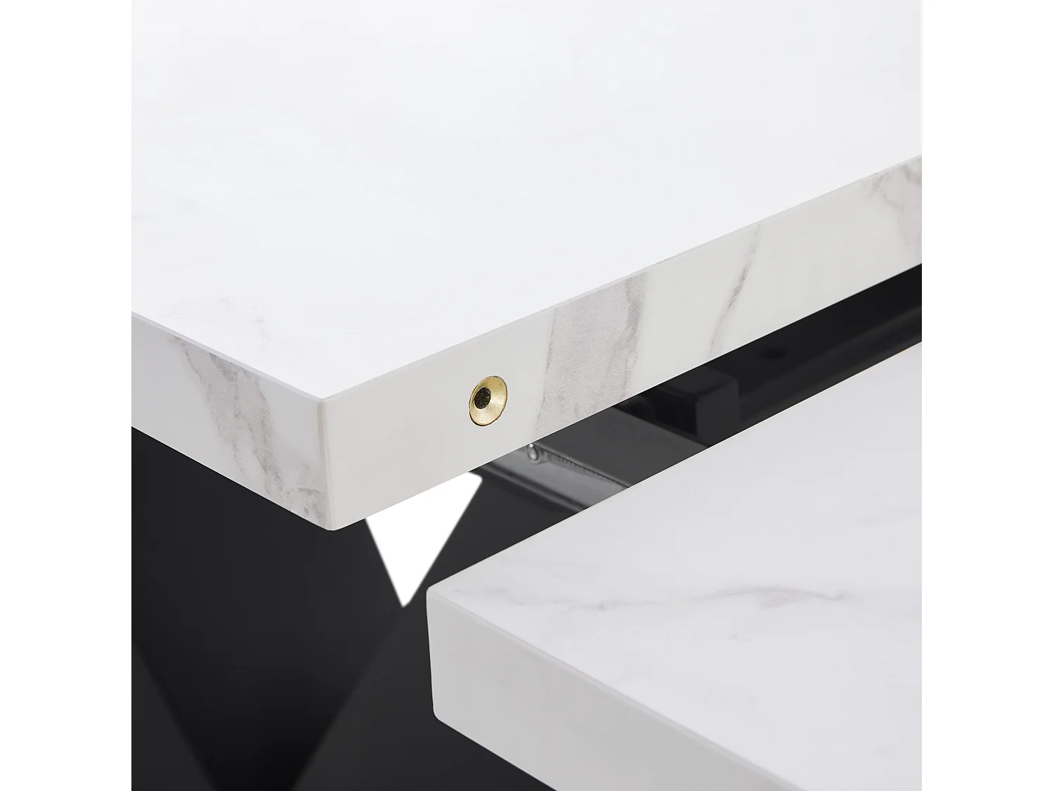 Uitschuifbare tafel (99-159×75 cm), modulaire keukentafel, met wit MDF-blad en zwarte metalen poten, voor eetkamer en kantoor