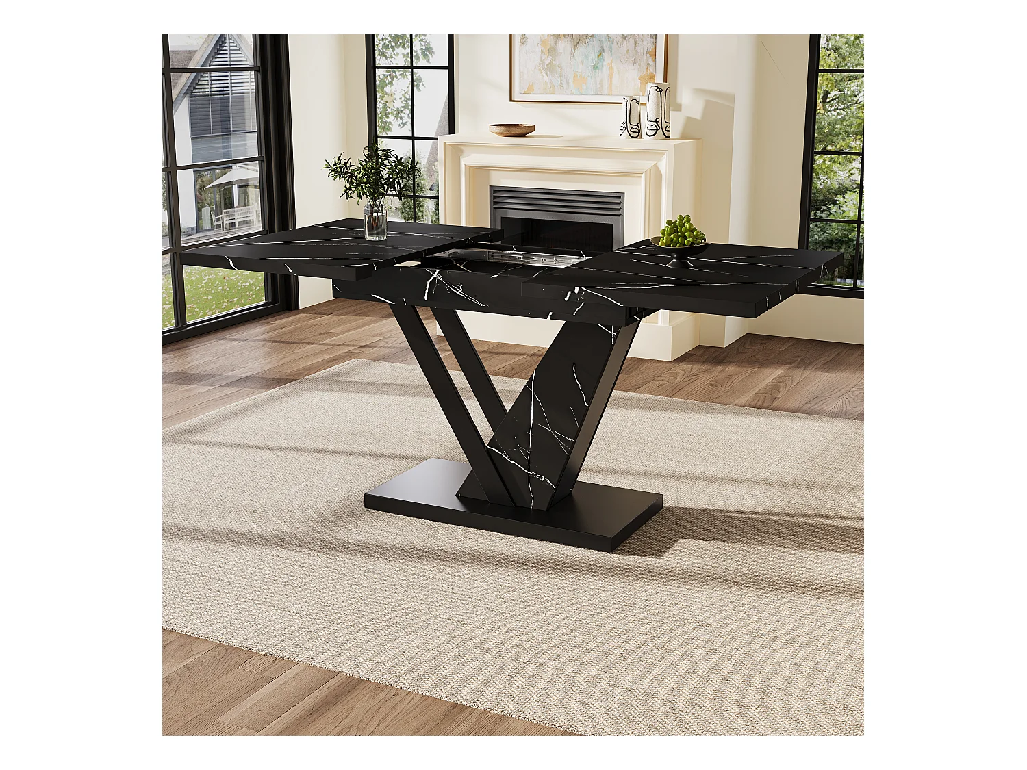 Telescopische eettafel, uitschuifbaar 120-160x75x75,5 cm, zwart gemarmerd MDF, metalen poten, verstelbare tafel (120-160x75x75,5 cm)