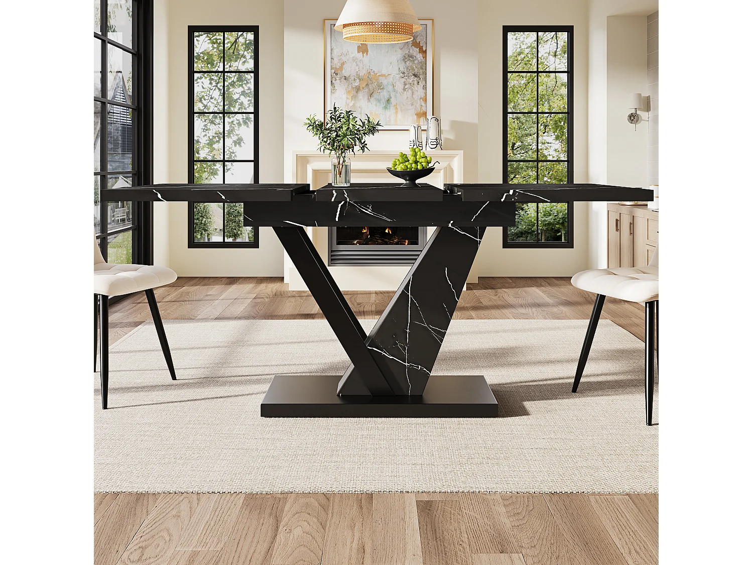 Mesa de comedor telescópica, extensible 120-160x75x75,5 cm, MDF jaspeado negro, patas de metal, mesa ajustable (120-160x75x75,5 cm)