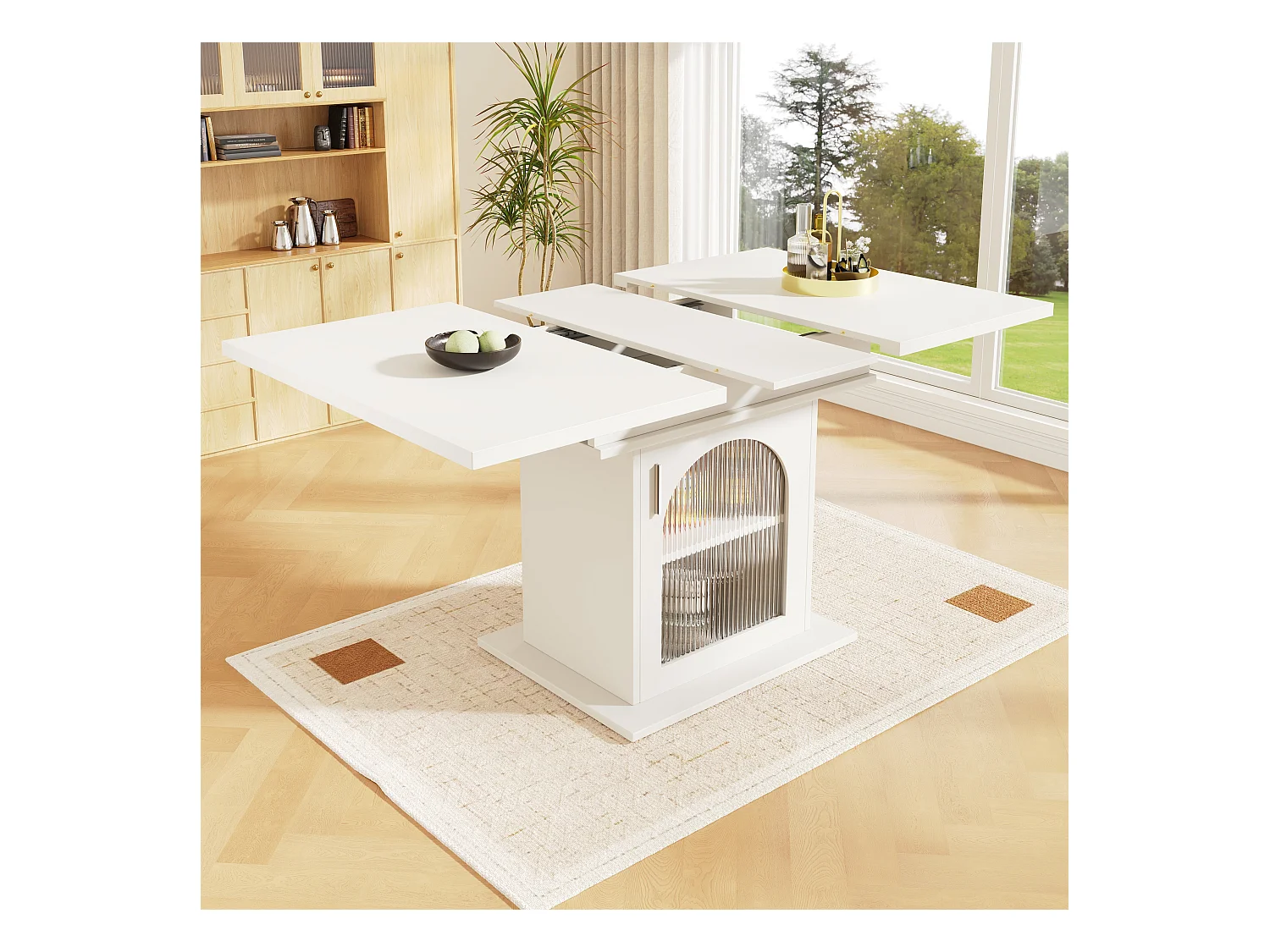 Table extensible (140x80 cm), avec étagères rangement, table salle à manger moderne, rallonge, pour cuisine et salon, blanche (119-158.5x80x75 cm)