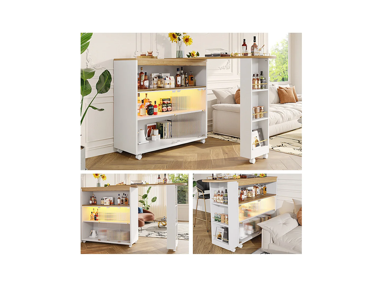 Table de bar extensible avec LED et rangement, table bistrot moderne, 138-204x39x105 cm, blanc