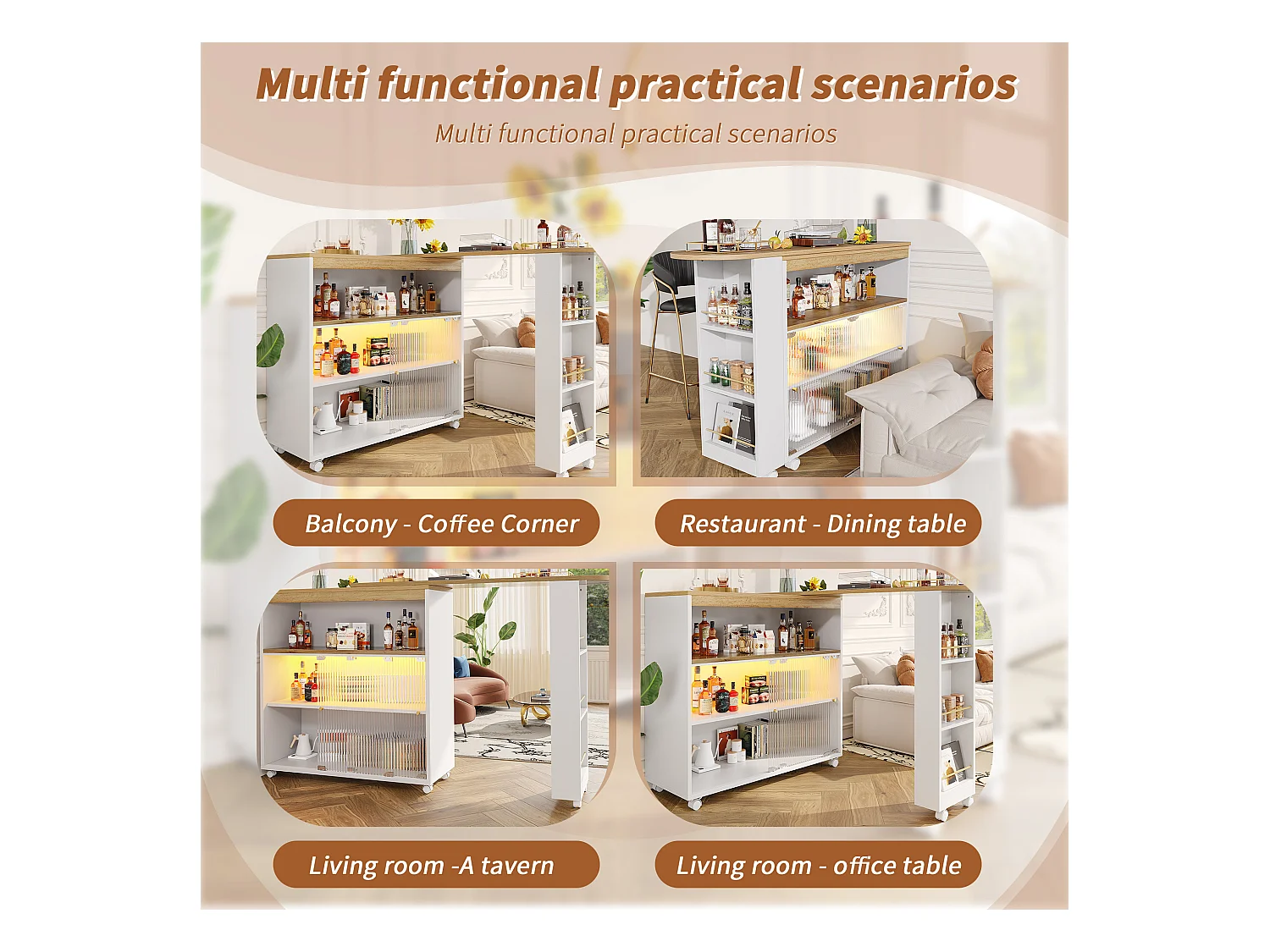 Table de bar extensible avec LED et rangement, table bistrot moderne, 138-204x39x105 cm, blanc