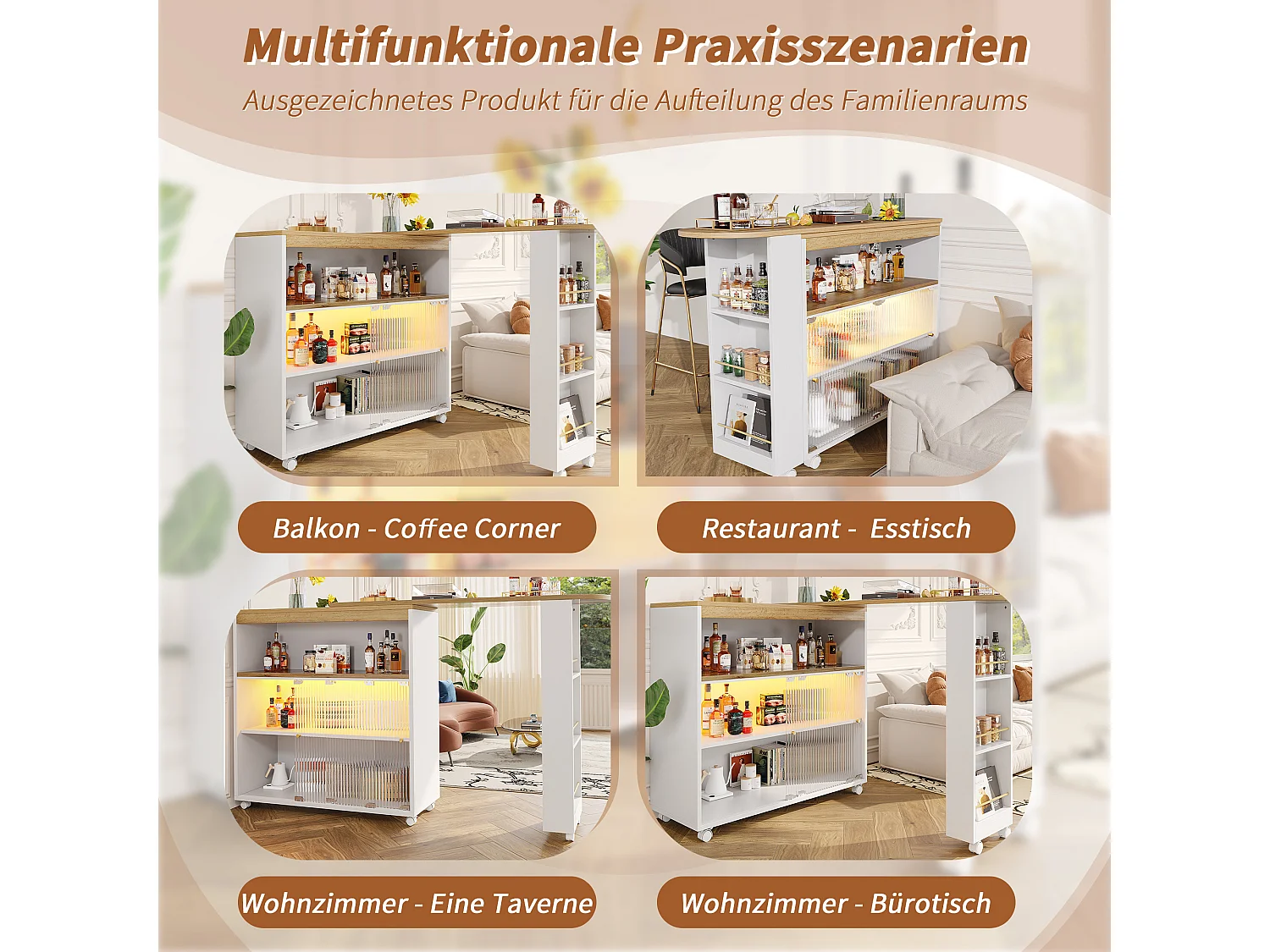 Table de bar extensible avec LED et rangement, table bistrot moderne, 138-204x39x105 cm, blanc