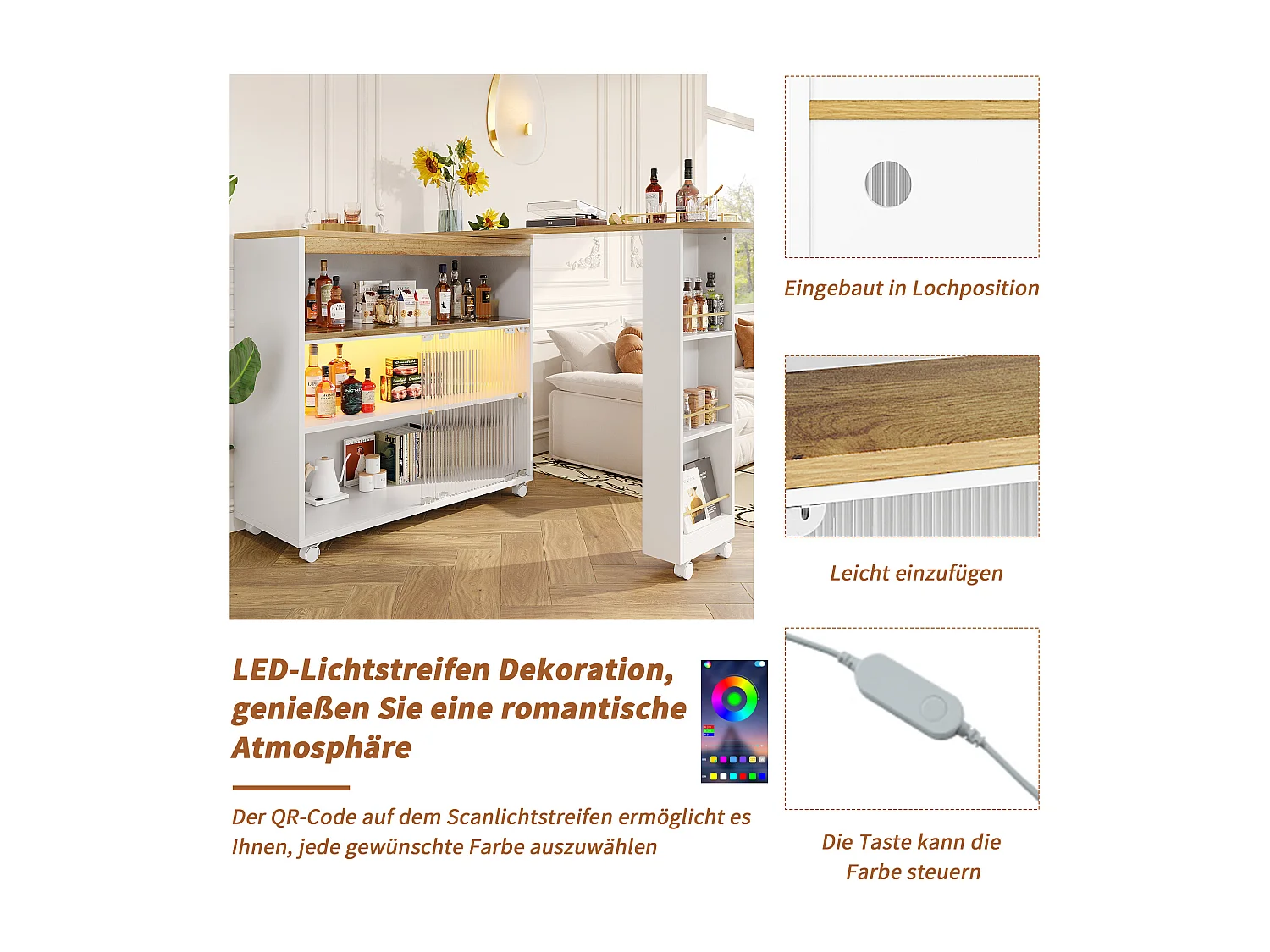 Table de bar extensible avec LED et rangement, table bistrot moderne, 138-204x39x105 cm, blanc
