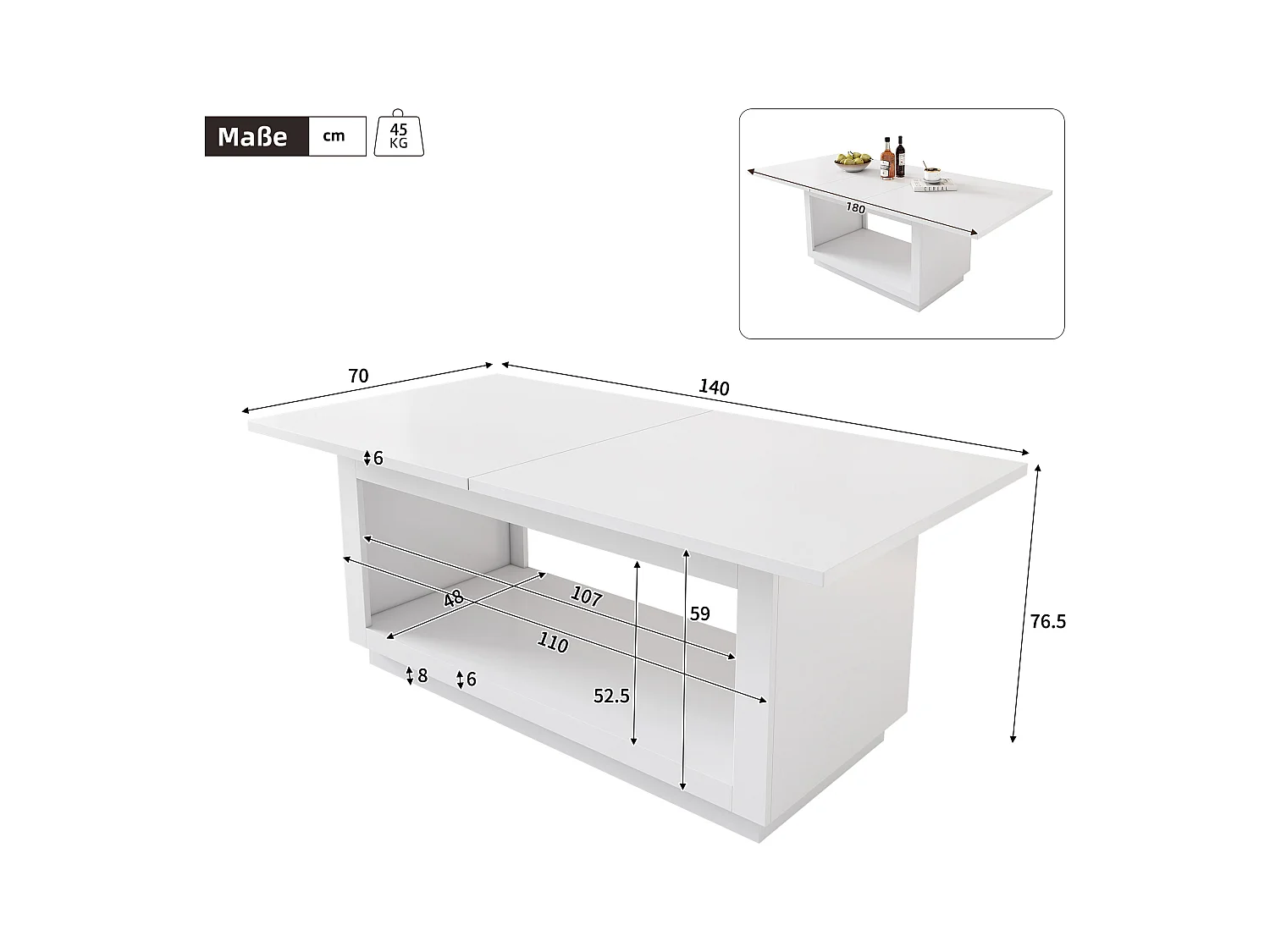 Table à manger extensible, table carrée, table basse, blanc, MDF, (140/180x70x76.5 cm)