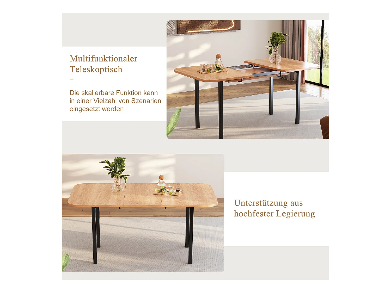 Table à manger extensible, design moderne, MDF, finition bois naturel + pieds métalliques argentés, pour 4-6 personnes (L120-160 x P80 x H75 cm)