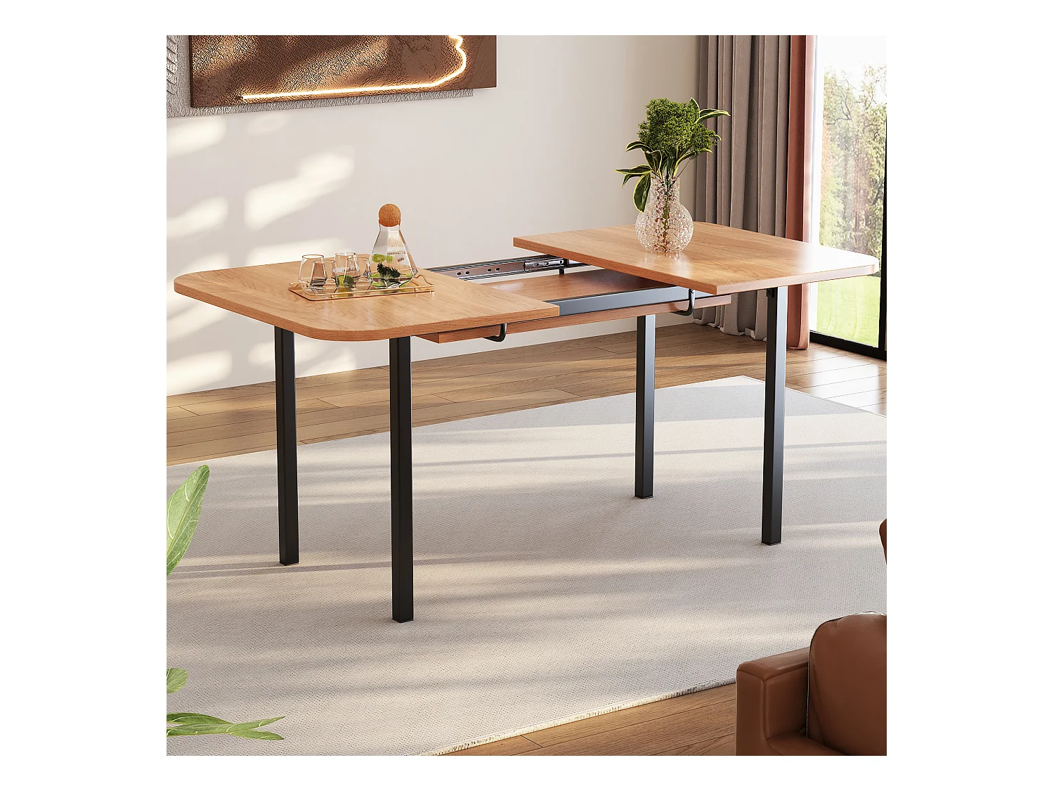 Table à manger extensible, design moderne, MDF, finition bois naturel + pieds métalliques argentés, pour 4-6 personnes (L120-160 x P80 x H75 cm)