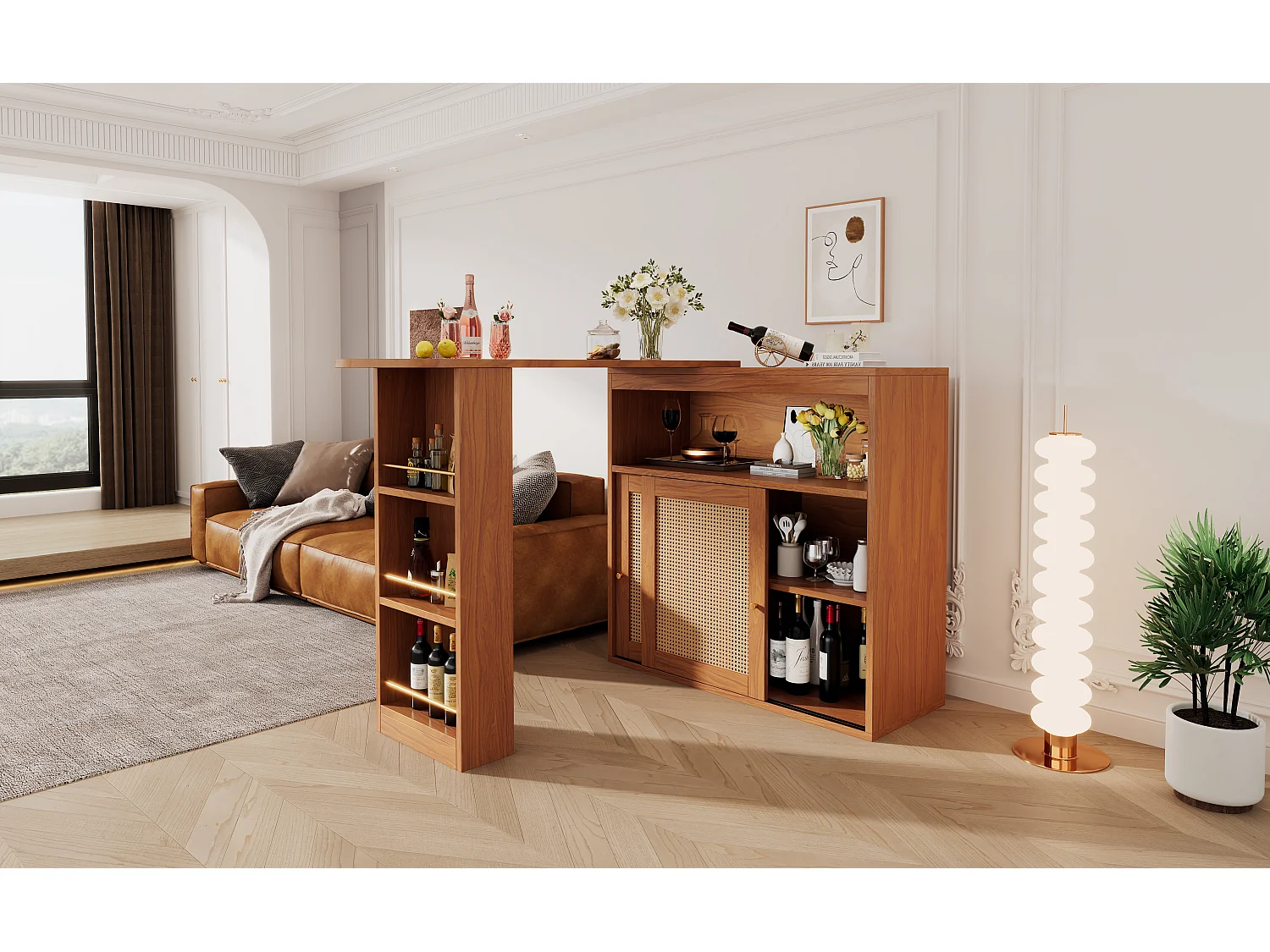 Table de Bar Extensible avec Rangement, Design en Rattan, MDF, Marron, (138-193x39x104 cm)