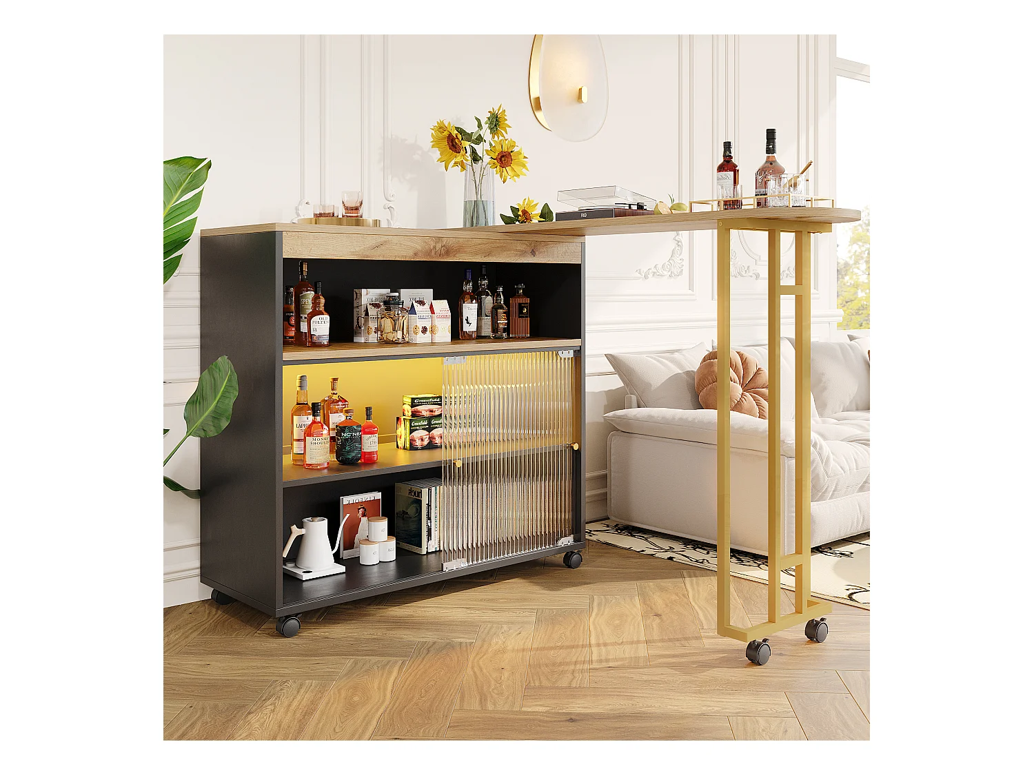 Uitschuifbare bartafel met opbergruimte, modern design, MDF en metaal, geïntegreerde LED, zwart (138-204x39x105 cm)