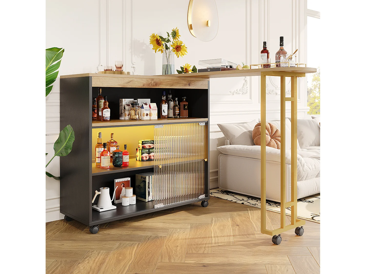 Mesa de bar extensible con almacenaje, diseño moderno, MDF y metal, LED integrado, color negro (138-204x39x105 cm)