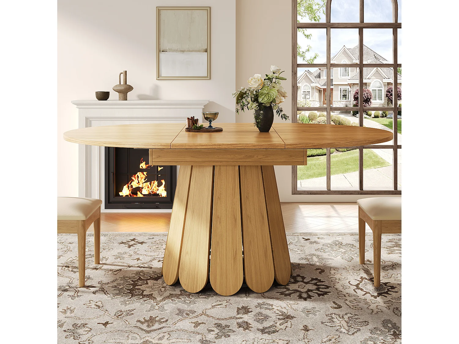 Table à manger extensible ronde/ovale, MDF, finition bois naturel (118x118x76cm)