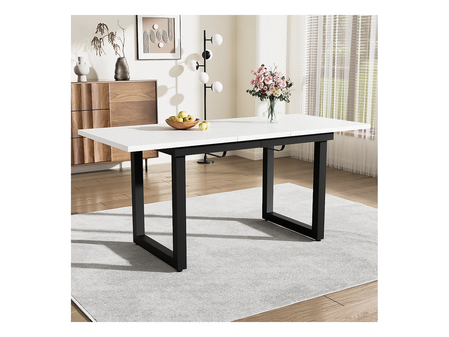 Table à manger extensible, design industriel, robuste, en MDF, cadre en métal, style moderne, blanc et noir (140/180x80x75 cm)