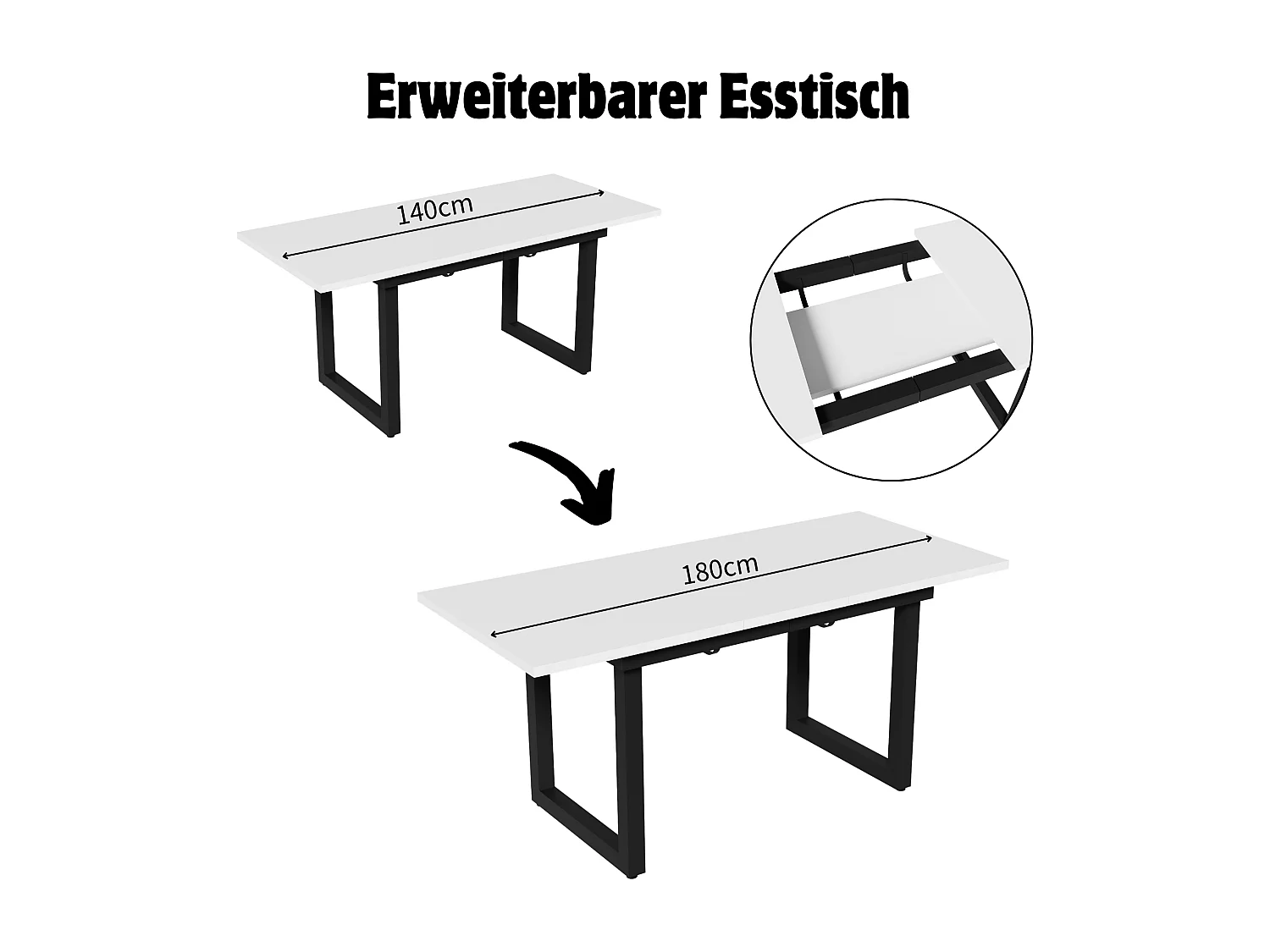 Uitschuifbare eettafel, industrieel design, stevig, gemaakt van MDF, metalen frame, moderne stijl, wit en zwart (140/180x80x75 cm)