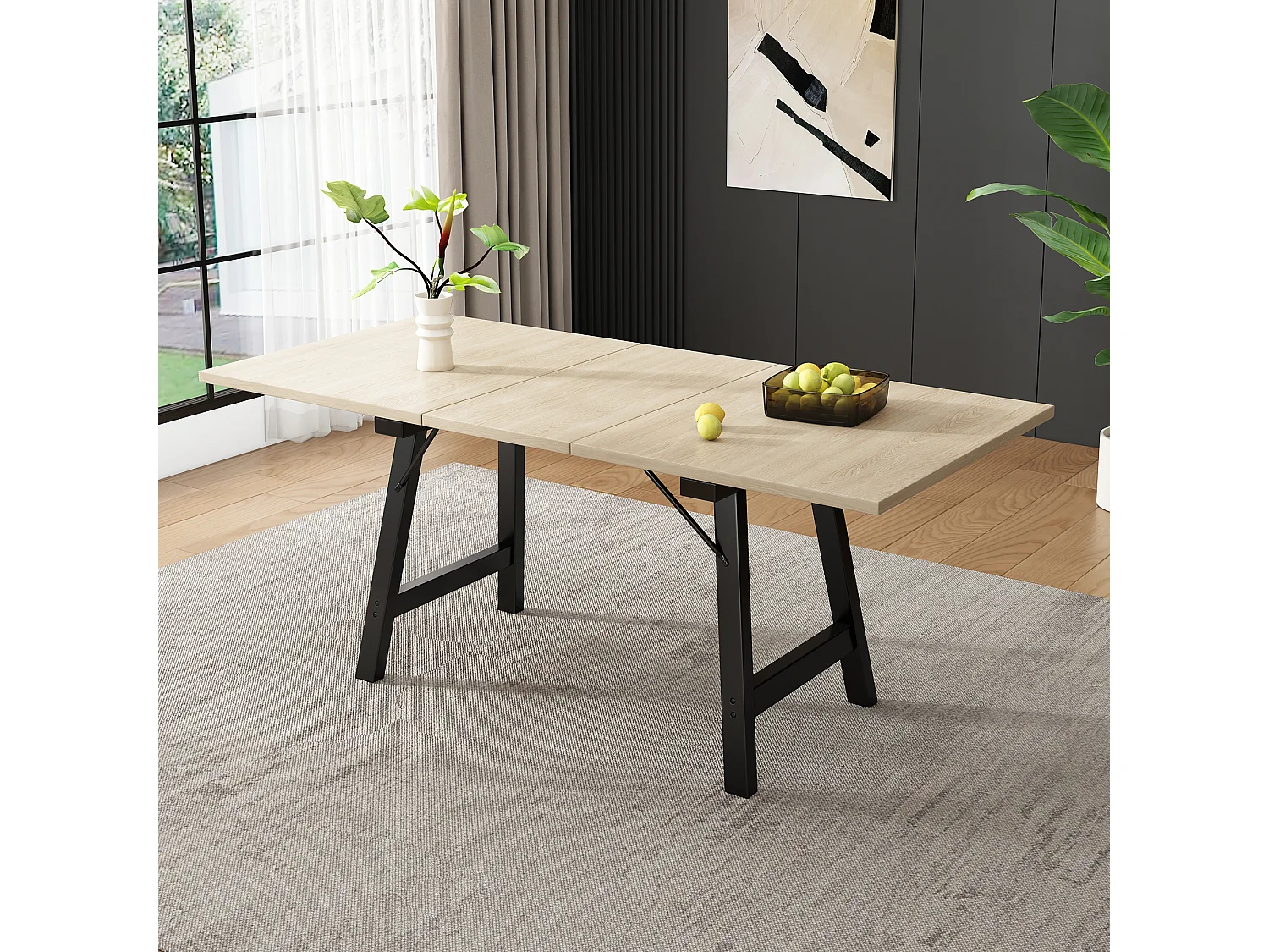 Telescopische houten eettafel, 140/180x80cm uitschuifbaar, modern en strak design, met aluminium onderstel, voor 4-6 personen (140x80x75 cm)
