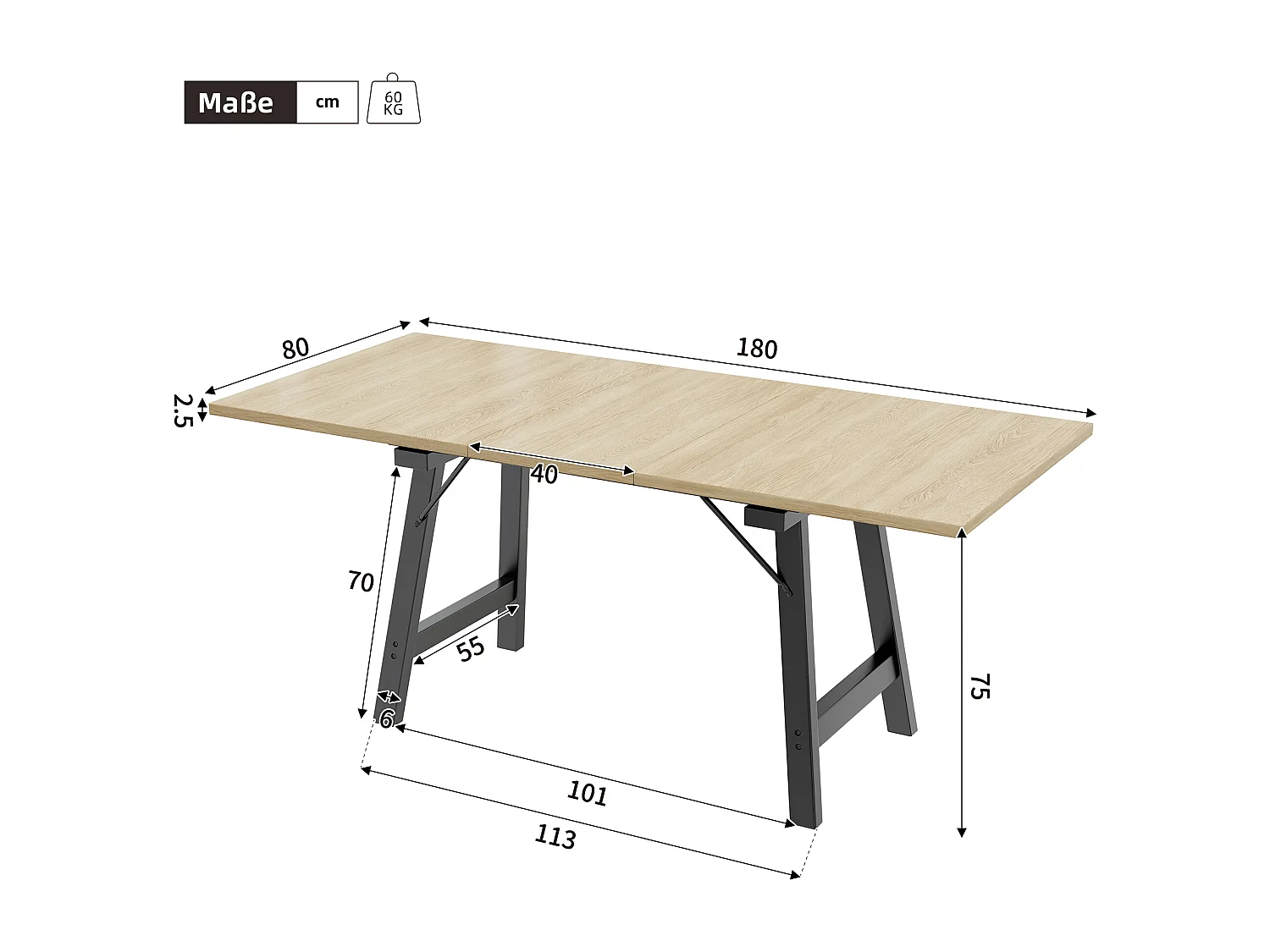 Telescopische houten eettafel, 140/180x80cm uitschuifbaar, modern en strak design, met aluminium onderstel, voor 4-6 personen (140x80x75 cm)