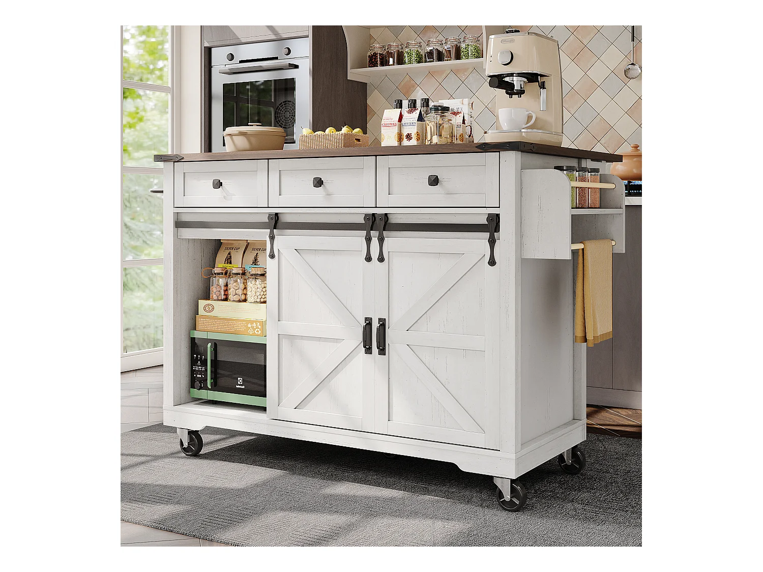 Îlot de cuisine plan de travail extensible, chariot service roulettes, MDF beige bois, portes coulissantes, 3 tiroirs (140x45x94 cm)