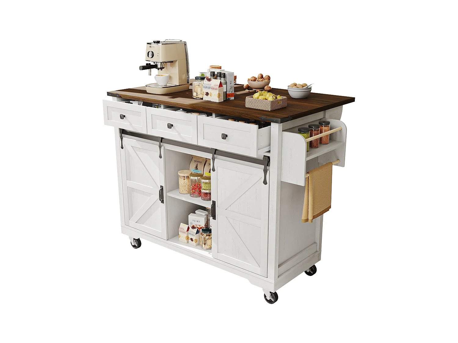 Îlot de cuisine plan de travail extensible, chariot service roulettes, MDF beige bois, portes coulissantes, 3 tiroirs (140x45x94 cm)