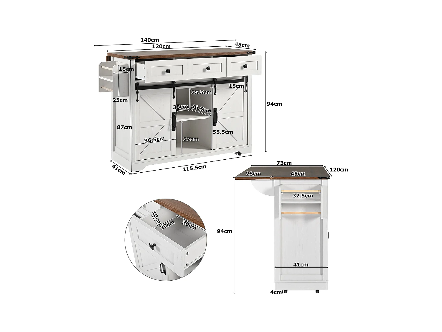 Îlot de cuisine plan de travail extensible, chariot service roulettes, MDF beige bois, portes coulissantes, 3 tiroirs (140x45x94 cm)
